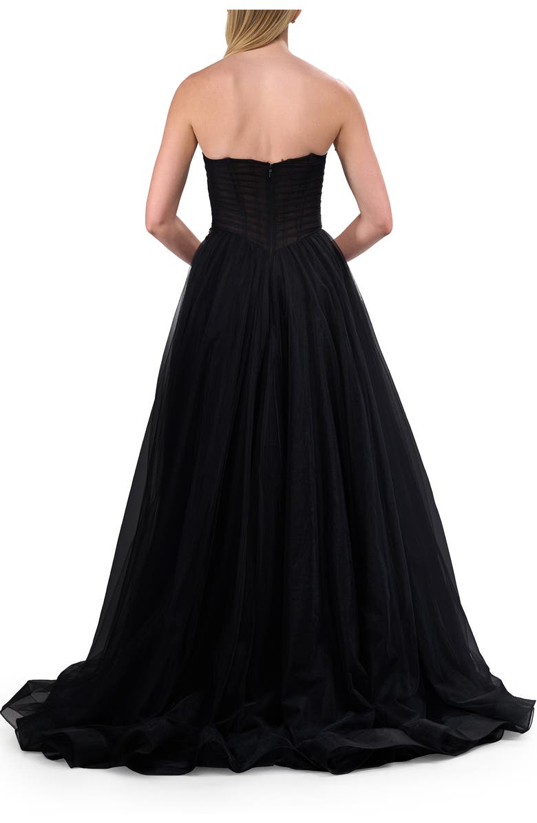 La Femme Strapless A-line Tulle Dress with Floral Waist Detail, Alternate, color, Black