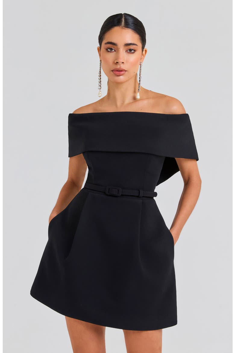 Harper Belted Off the Shoulder Minidress, Alternate, color, BLACK