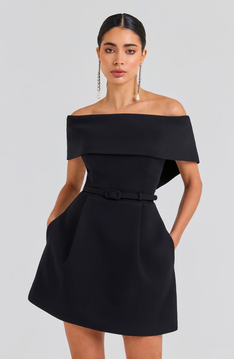 NADINE MERABI Harper Belted Off the Shoulder Minidress, Alternate, color, Black