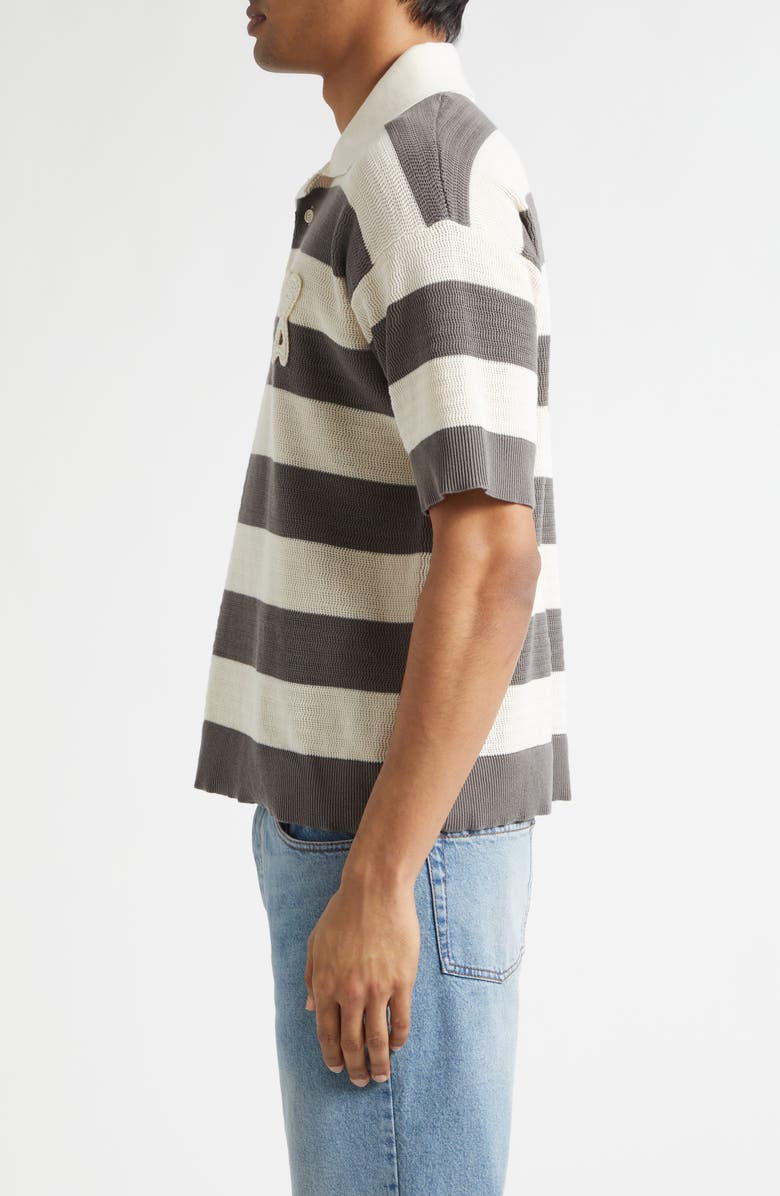 AMI PARIS Ami de Coeur Monogram Stripe Openwork Cotton Polo, Alternate, color, Blanc Creme/ Carbone