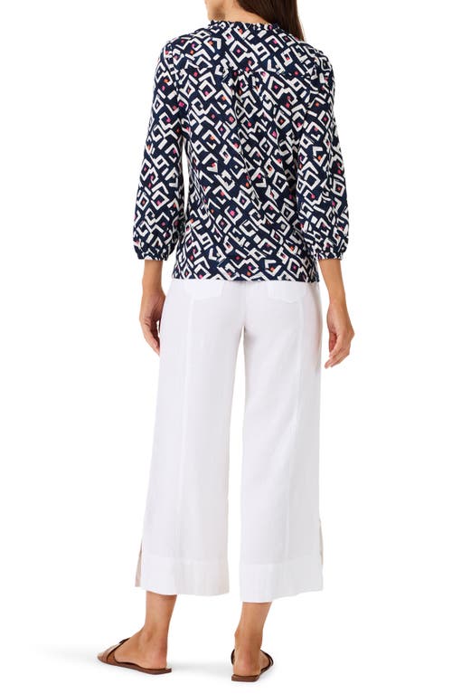 Nic + Zoe Nic+zoe Indigo Angles Split Neck Linen Blend Top In Indigo Multi