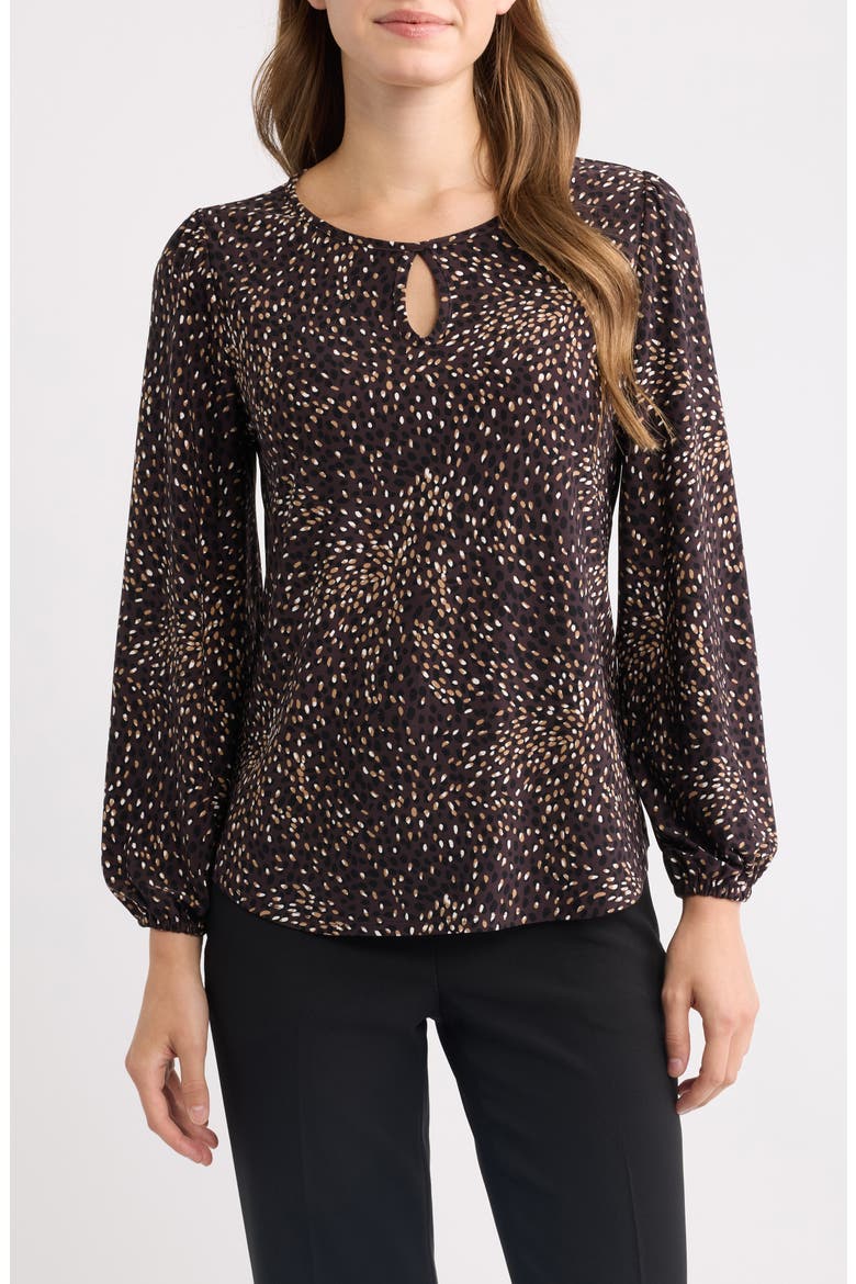 Dot Print Keyhole Long Sleeve Top, Main, color, CHOCOLATE BLACK MULTI