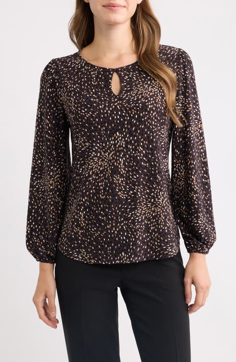 Dot Print Keyhole Long Sleeve Top
