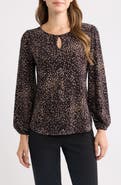 AK ANNE KLEIN Dot Print Keyhole Long Sleeve Top