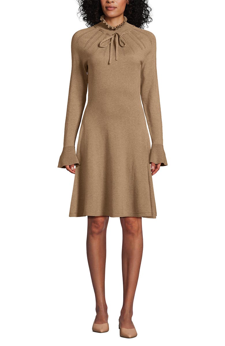 Lands' End Fine Gauge Cotton Fit and Flare Sweater Dress, Main, color, Vicuna Heather