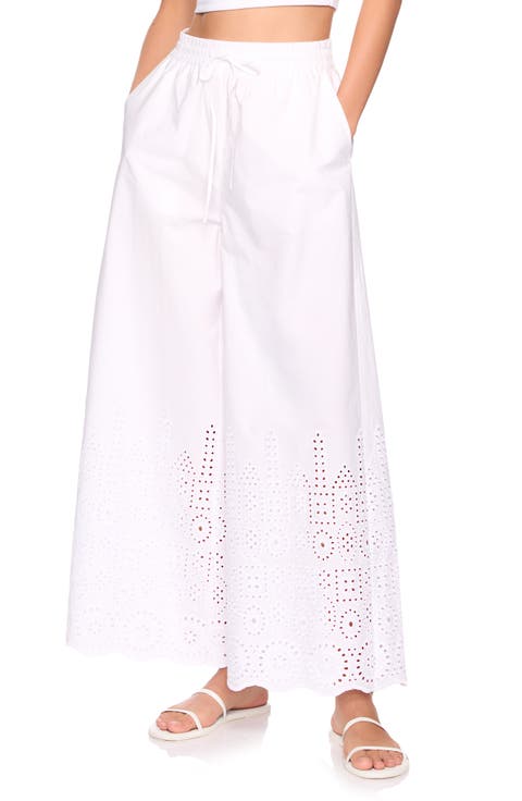 Embroidered Cotton Eyelet Wide Leg Pants