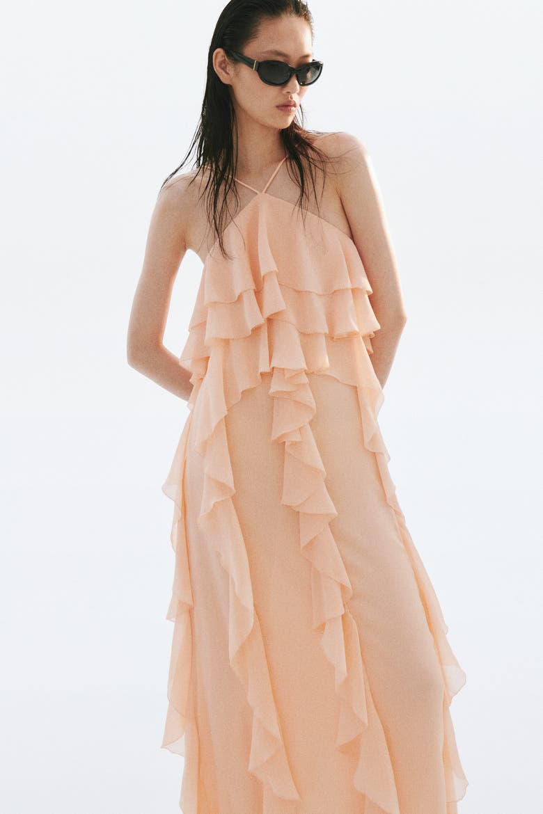Flounced Chiffon Dress, Alternate, color, Apricot