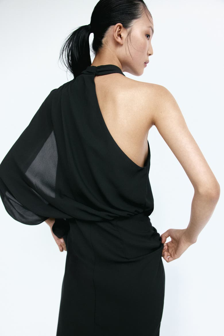 Draped One-shoulder Dress, Alternate, color, Black
