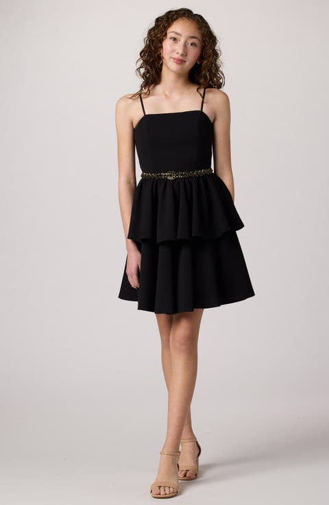 Tiered Dress with Rhinestone Belt