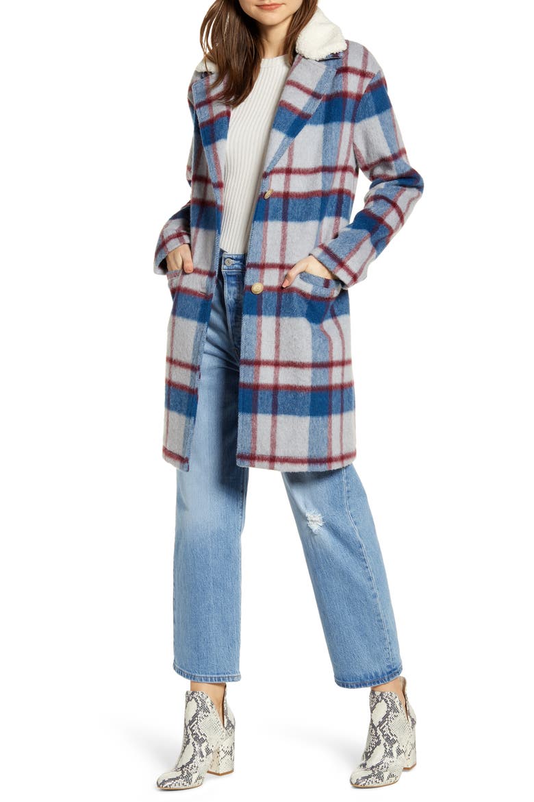 Levi's® Wool Top Coat with Faux Shearling Collar, Main, color, LIGHT BLUE PLAID