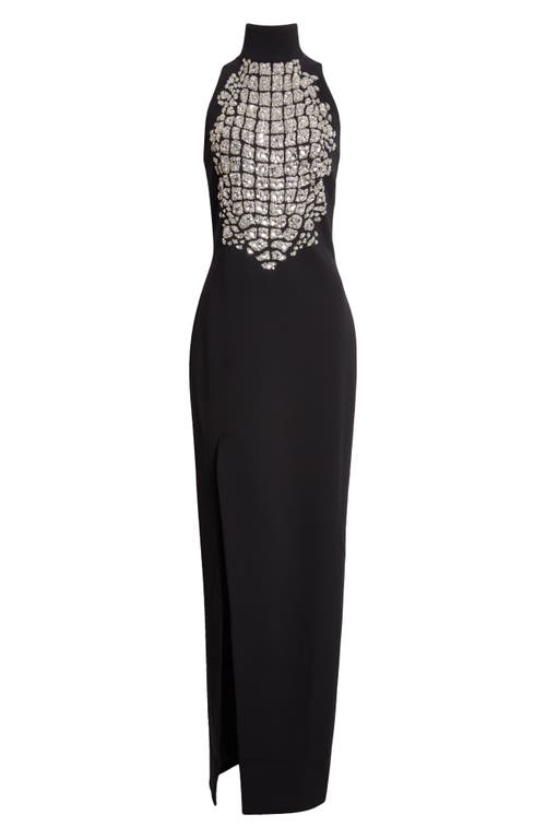 Balmain Beaded Croc Embellished Slit Gown In Black