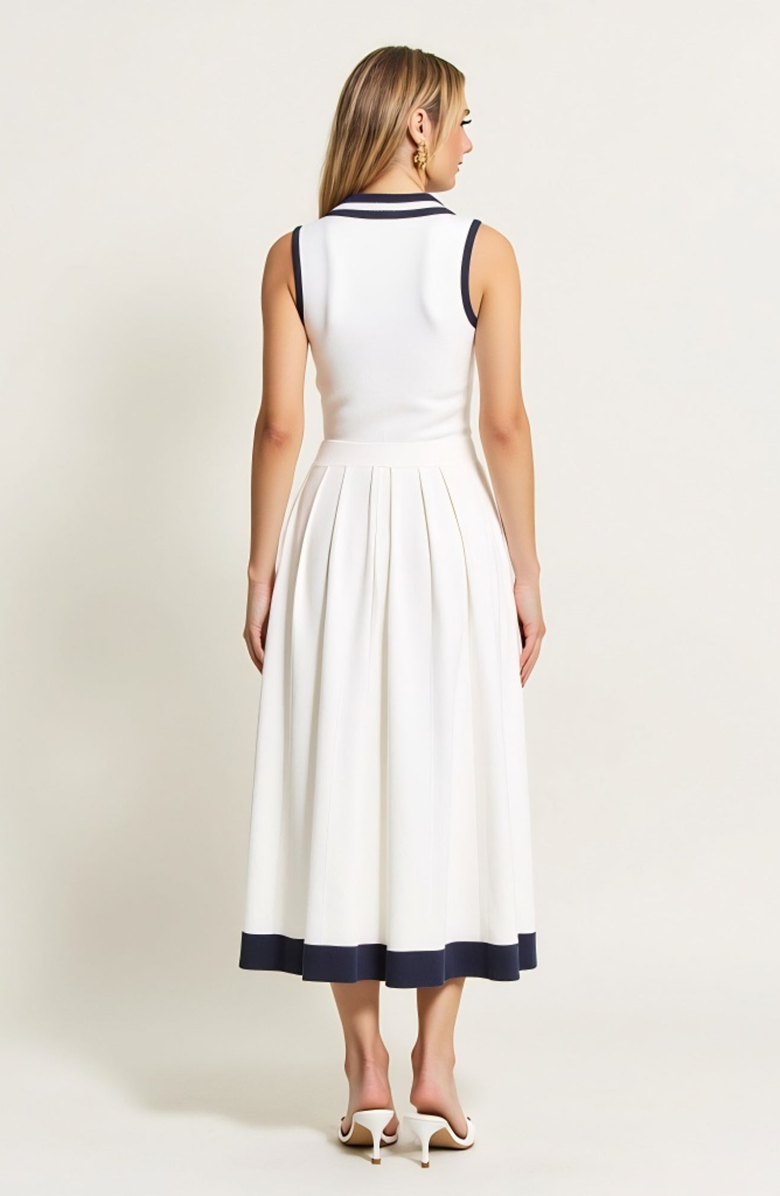 Modenaire Sleeveless Knit Midi Dress with Contrast Collar and Hem Detail, Alternate, color, White