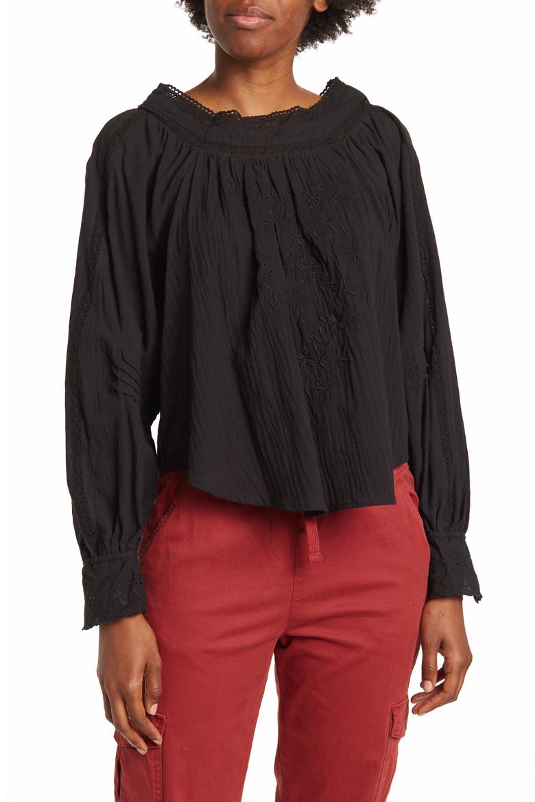 Embroidered Peasant Square Neck Top, Main, color, BLACK