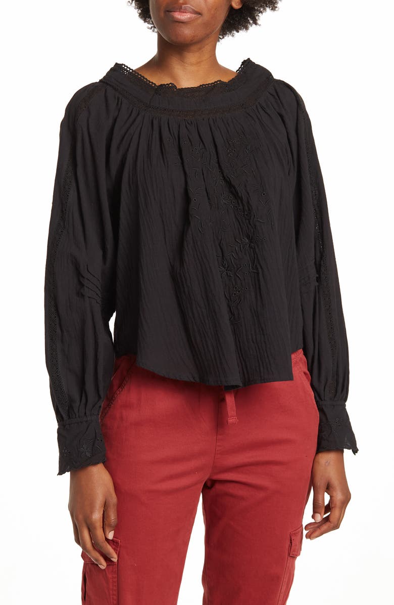 Forgotten Grace Embroidered Peasant Square Neck Top, Main, color, Black