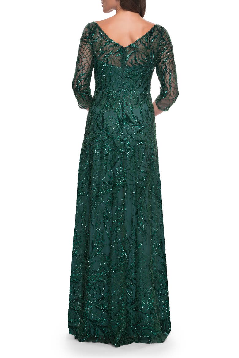 Beautiful Beaded Long Dress with Illusion Sleeves, Alternate, color, Emerald