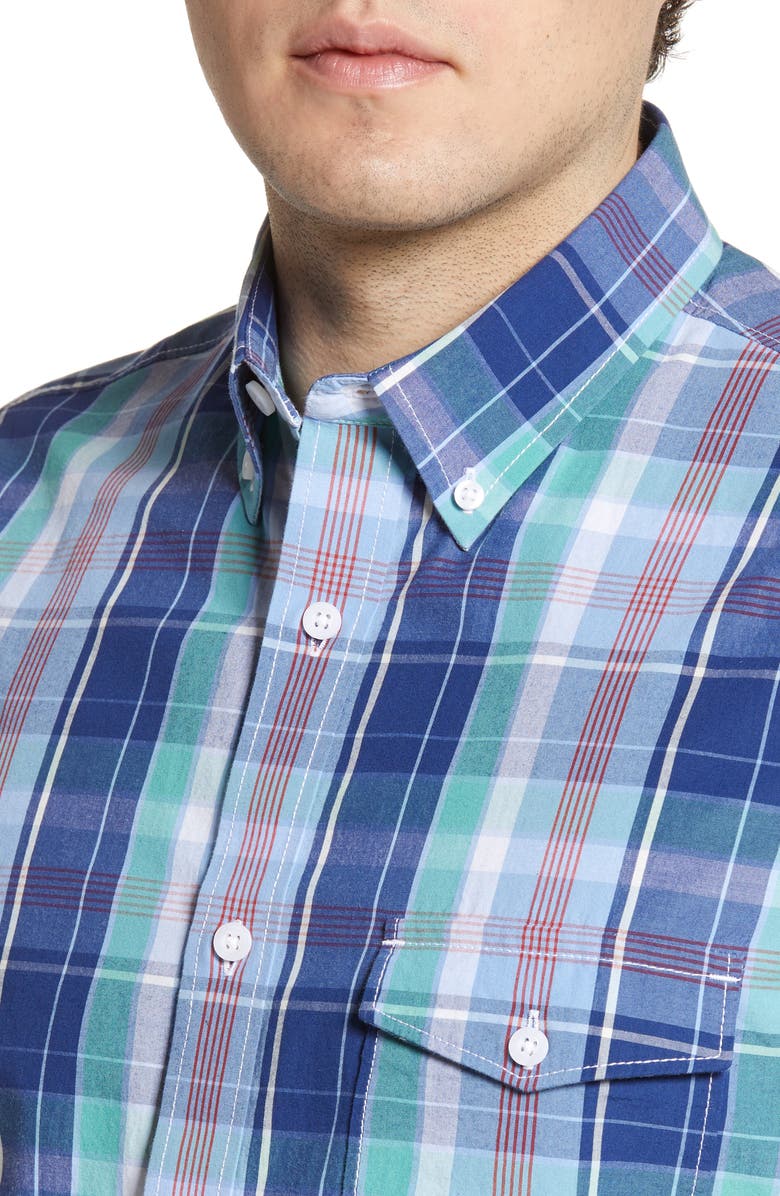 NORDSTROM MEN'S SHOP Regular Fit Plaid Short Sleeve Button-Down Linen Blend Shirt, Alternate, color,