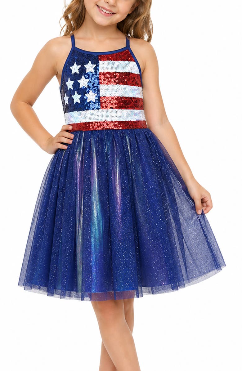 Zunie Kids' Sequin Flag Party Dress, Alternate, color, Navy/ Red