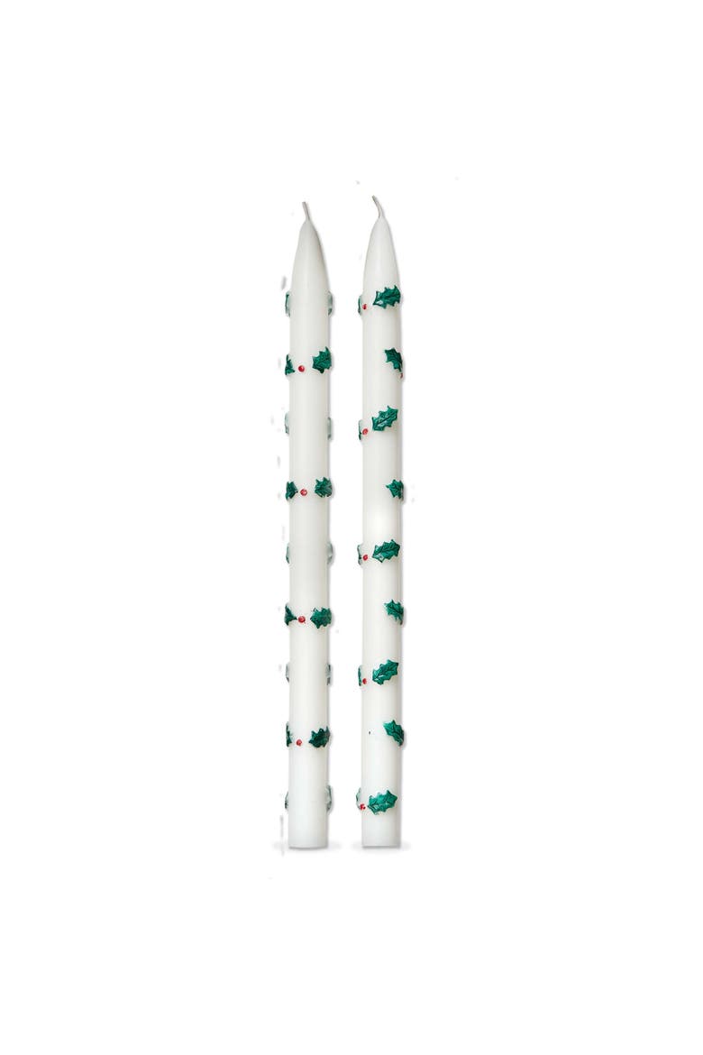 Holly Berries Hand Painted Taper S/2 Green Multi Paraffin Wax Christmas, Main, color, Green