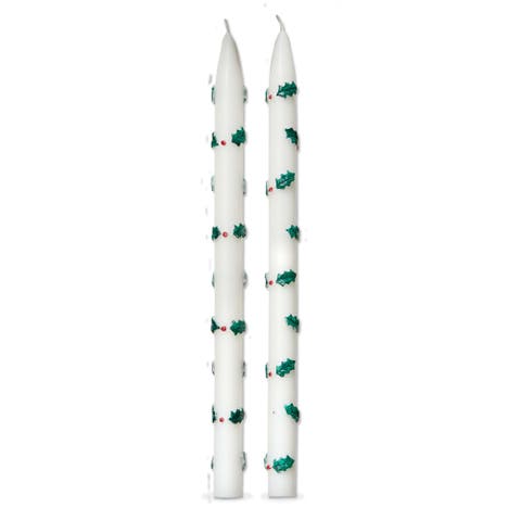 Holly Berries Hand Painted Taper S/2 Green Multi Paraffin Wax Christmas