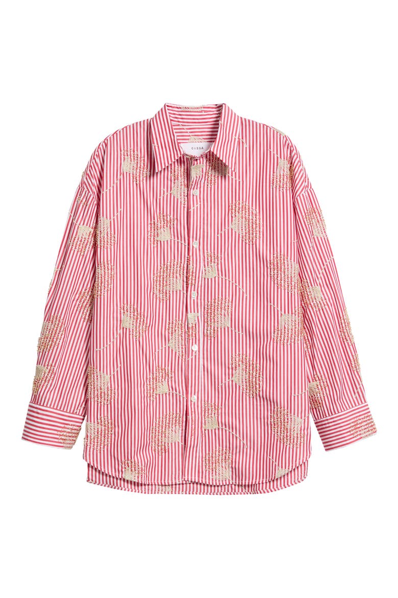 Beaded Oversized Striped Cotton Shirt, Alternate, color, GOLD BEADED RED STRIPE
