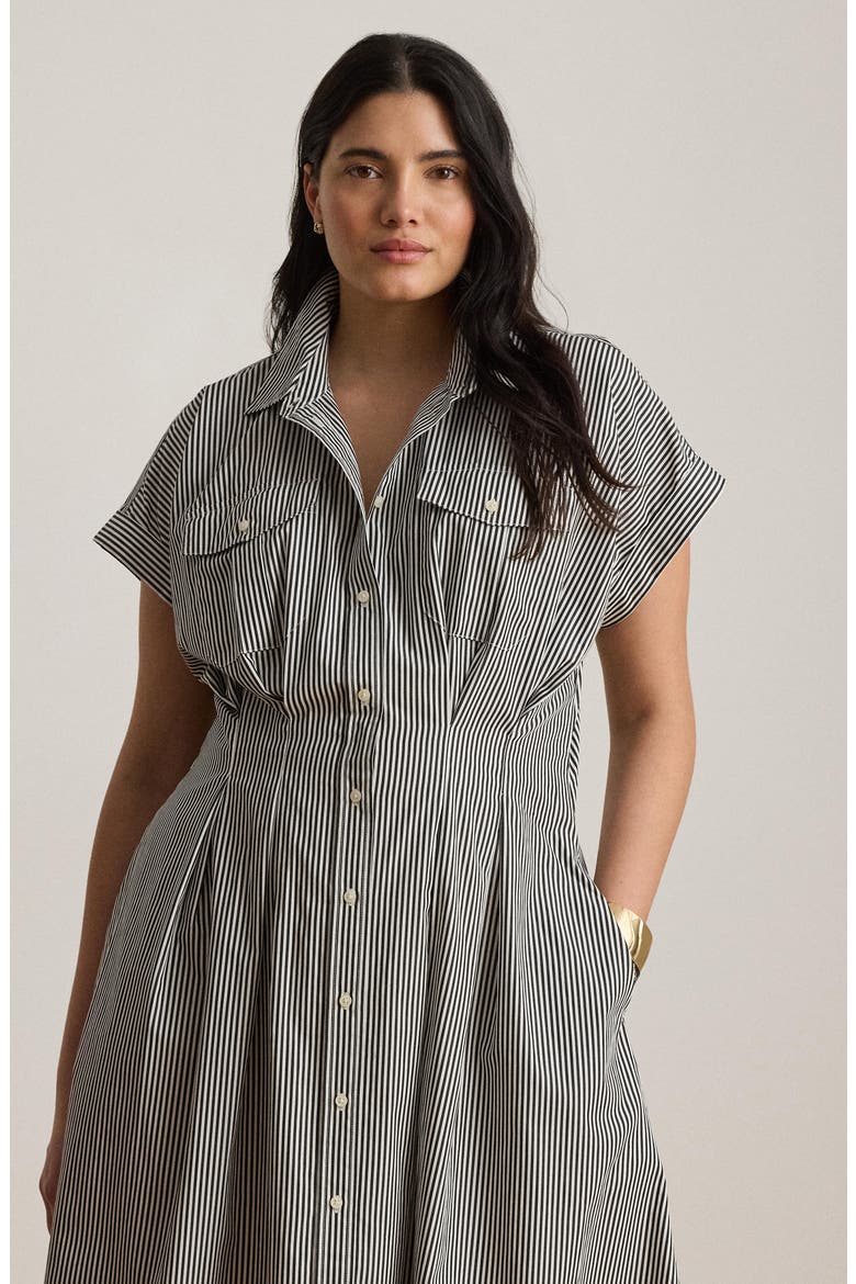 Striped Pleated Broadcloth Midi Shirtdress, Alternate, color, BLACK/ WHITE