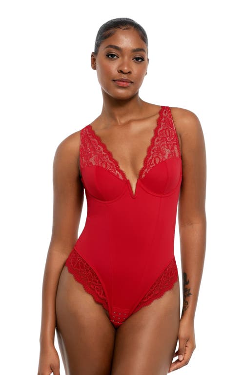 Popilush Shapewear Deep V-Neck Sculpting Lace Inset Bodysuit in Chili Red at Nordstrom, Size X-Small