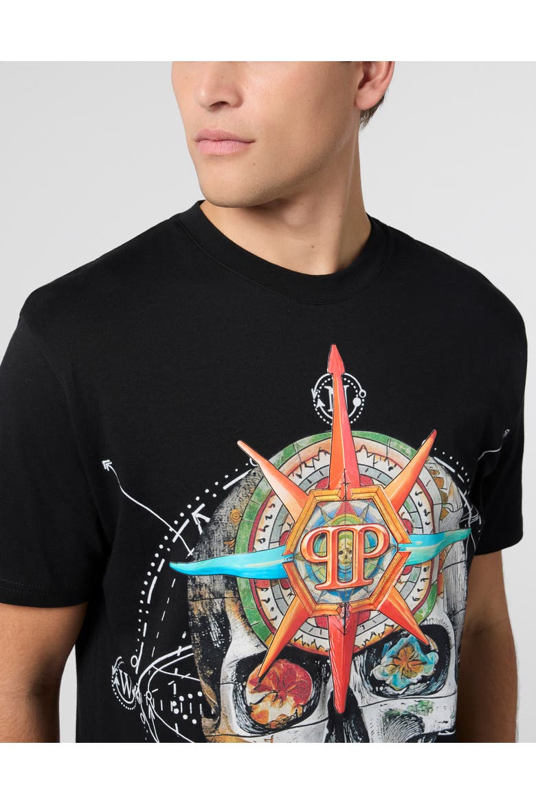 Round Neck T-Shirt Wind Rose Skull Men, Alternate, color, black
