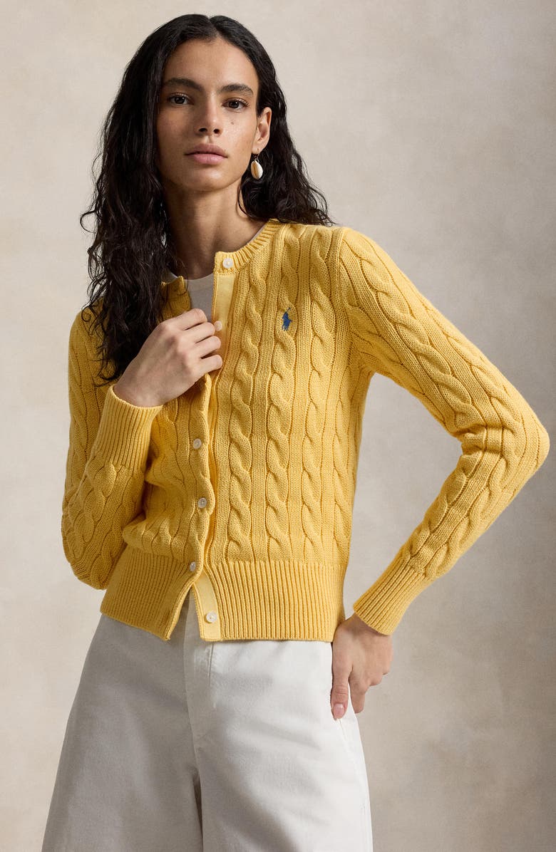 Polo Ralph Lauren Cable Knit Cotton Crewneck Cardigan, Alternate, color, Beach Yellow