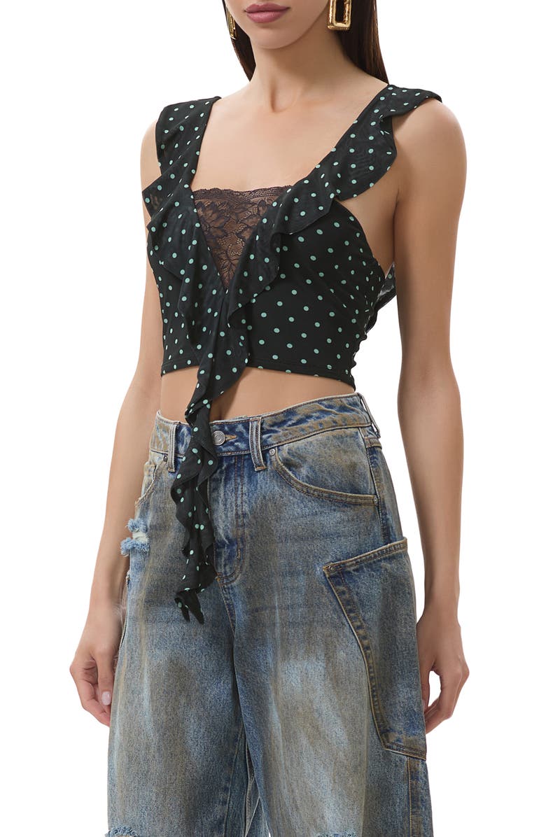 AFRM Lowell Lace Trim Ruffle Crop Top, Alternate, color, Black/ Aqua Dot
