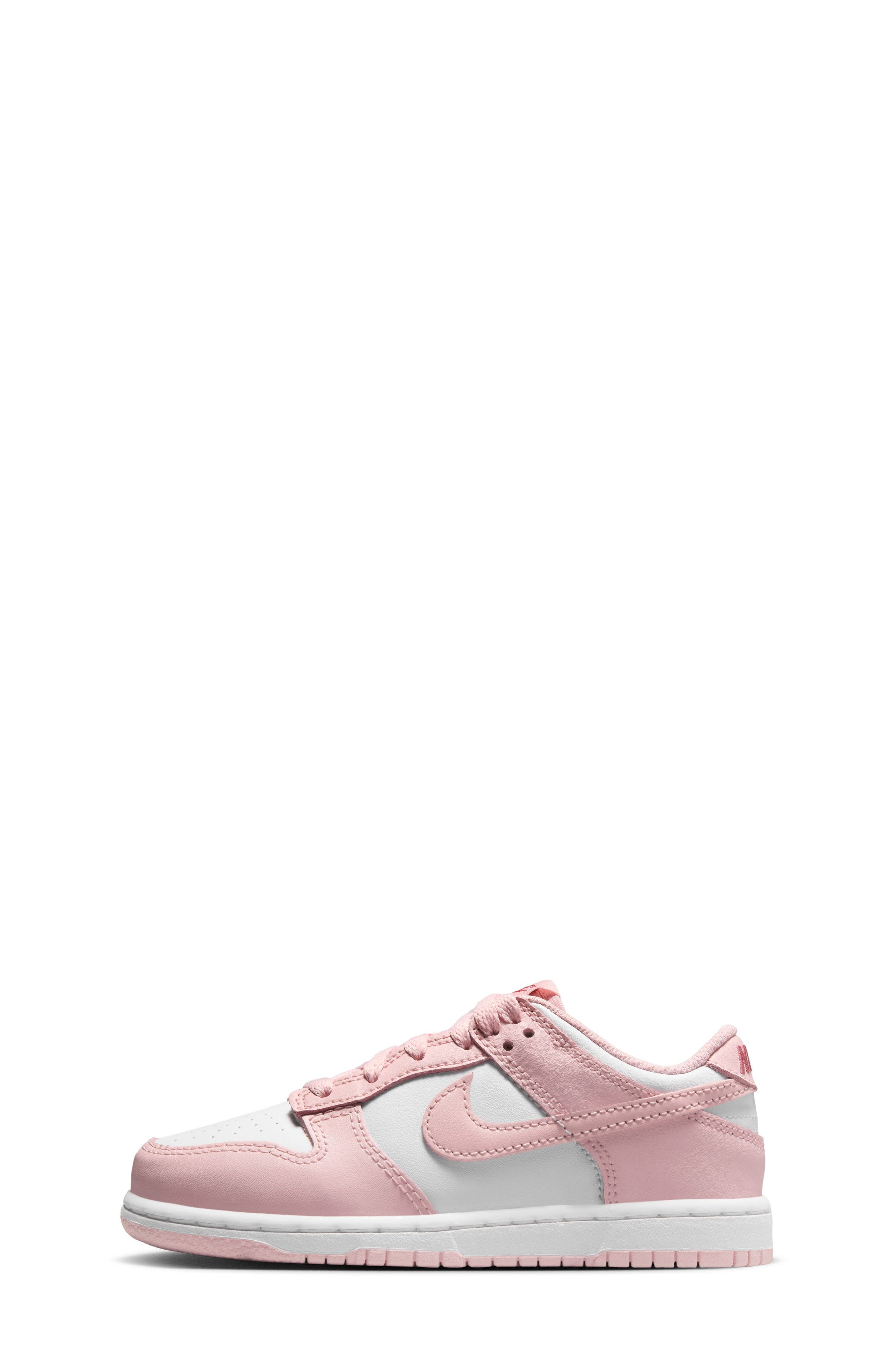 Nike Kids' Dunk Low Basketball Sneaker, Alternate, color, White/ Pink Glaze/ Pomegranate