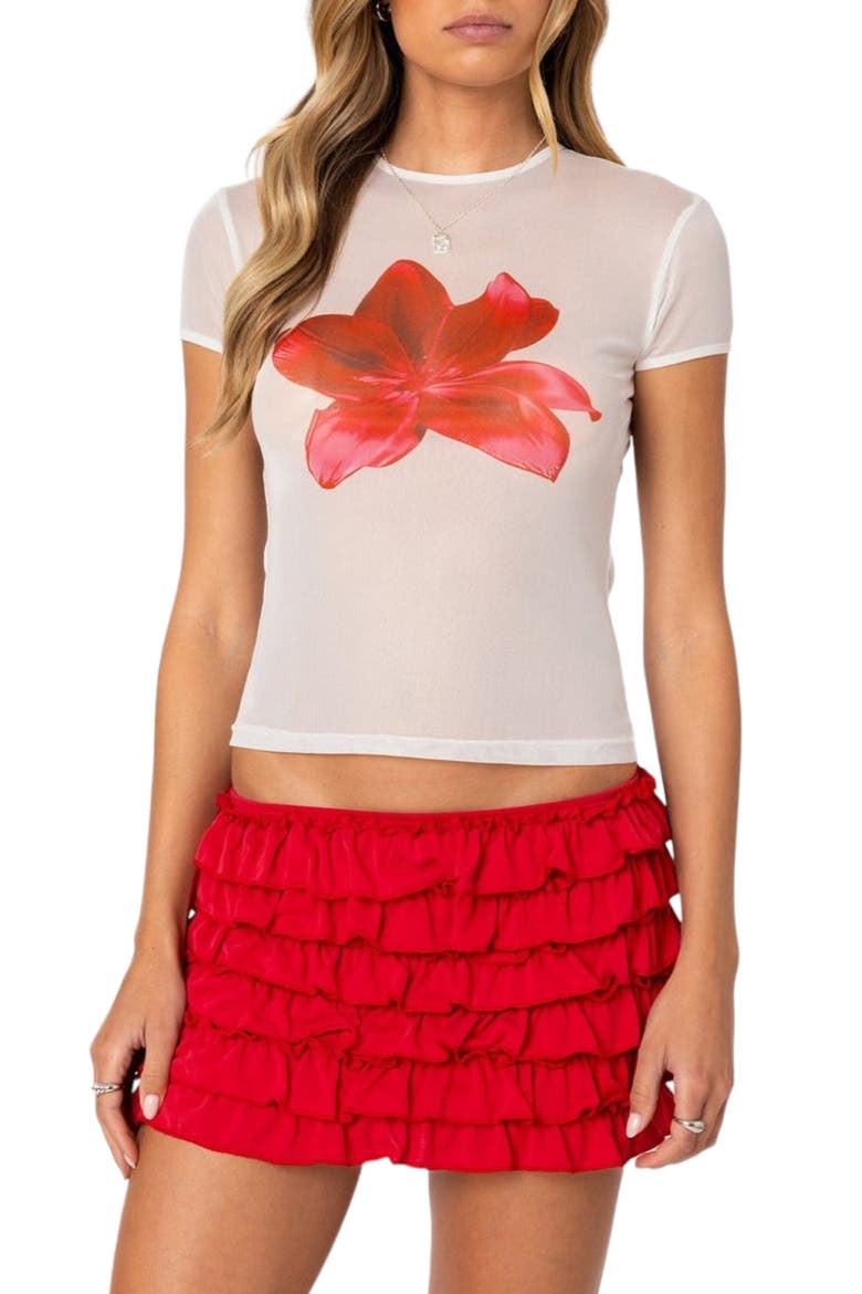Aloha Floral Mesh Shrunken T-Shirt, Main, color, WHITE
