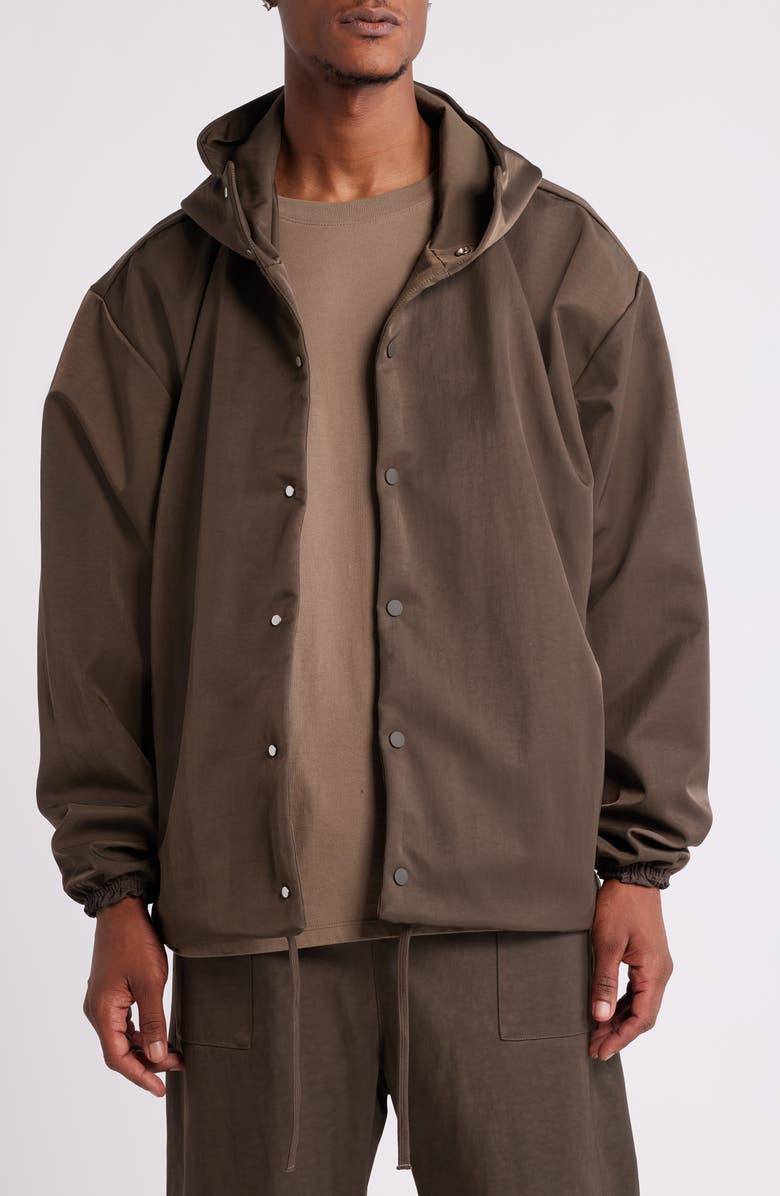 Fear of God Essentials Hooded Textured Nylon Coach's Jacket, Main, color, 