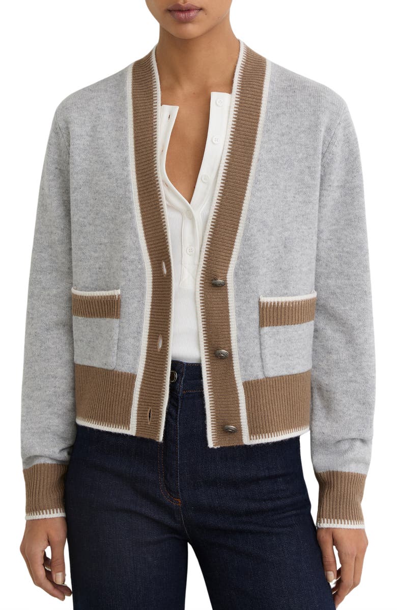 Reiss Louisa Tipped Wool & Cashmere Cardigan, Main, color, Grey/ Neutral