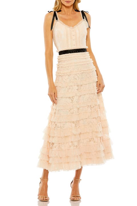 Thin Beaded Bow Strap Multi Ruffle Lace Dress