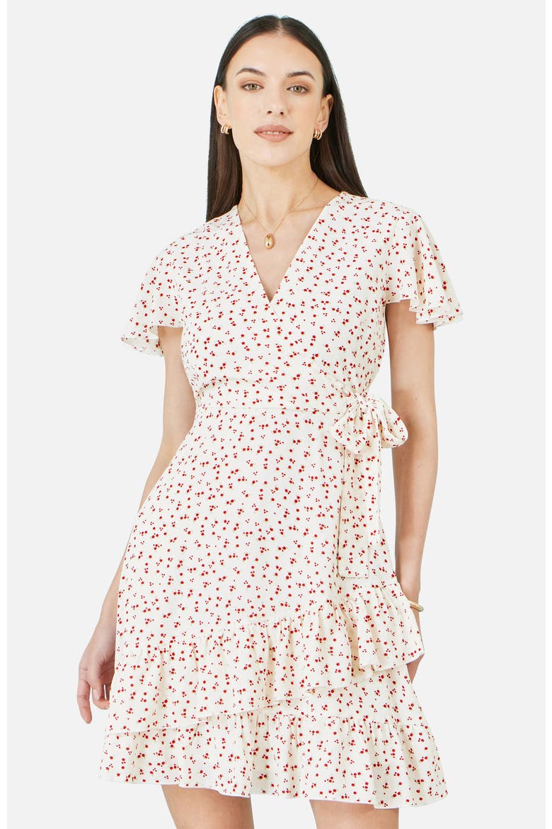 Ditsy Print Frill Wrap Dress, Alternate, color, White