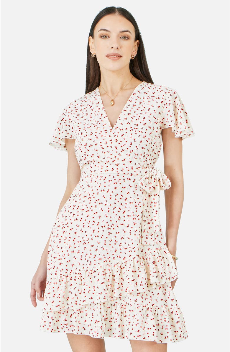 Yumi Ditsy Print Frill Wrap Dress, Alternate, color, White