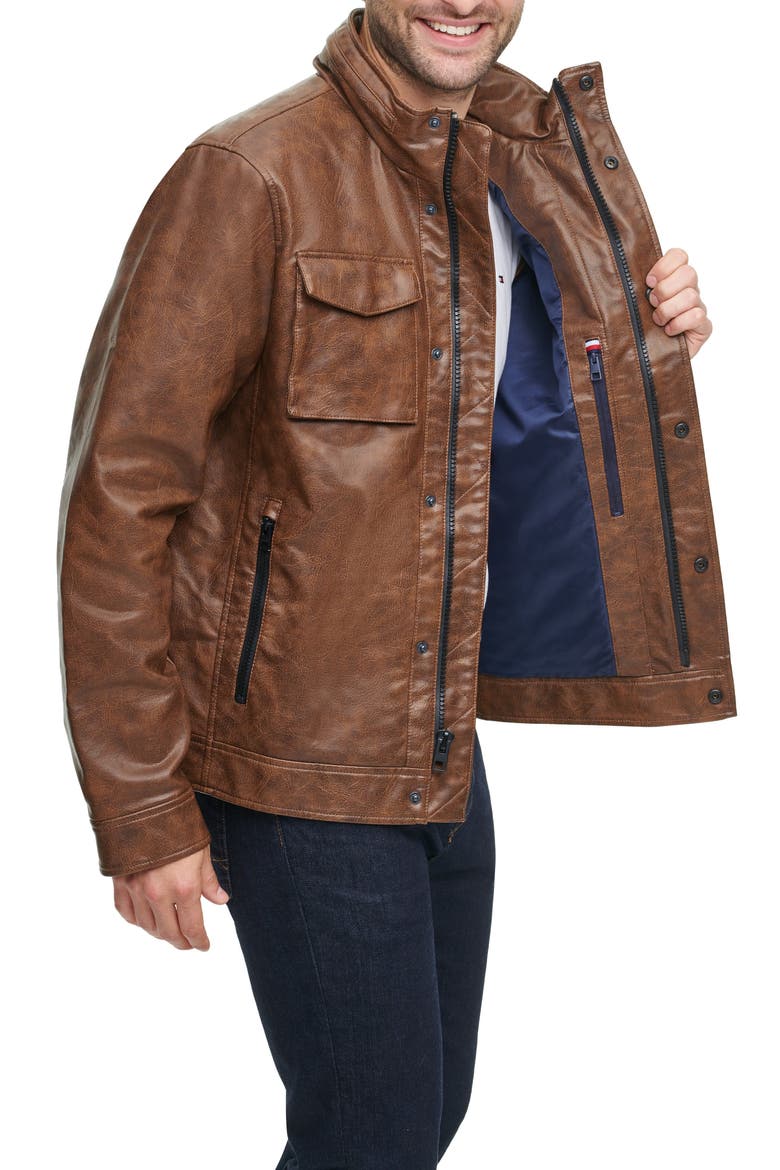 Water Resistant Faux Leather Military Jacket, Alternate, color, SADDLE