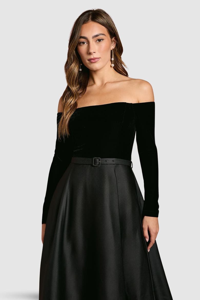 Bardot Full Skirted Midi Dress, Alternate, color, Black