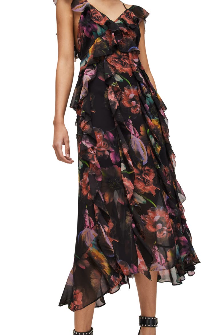 Fali Ahiahi Floral Ruffle Midi Dress, Alternate, color, BLACK