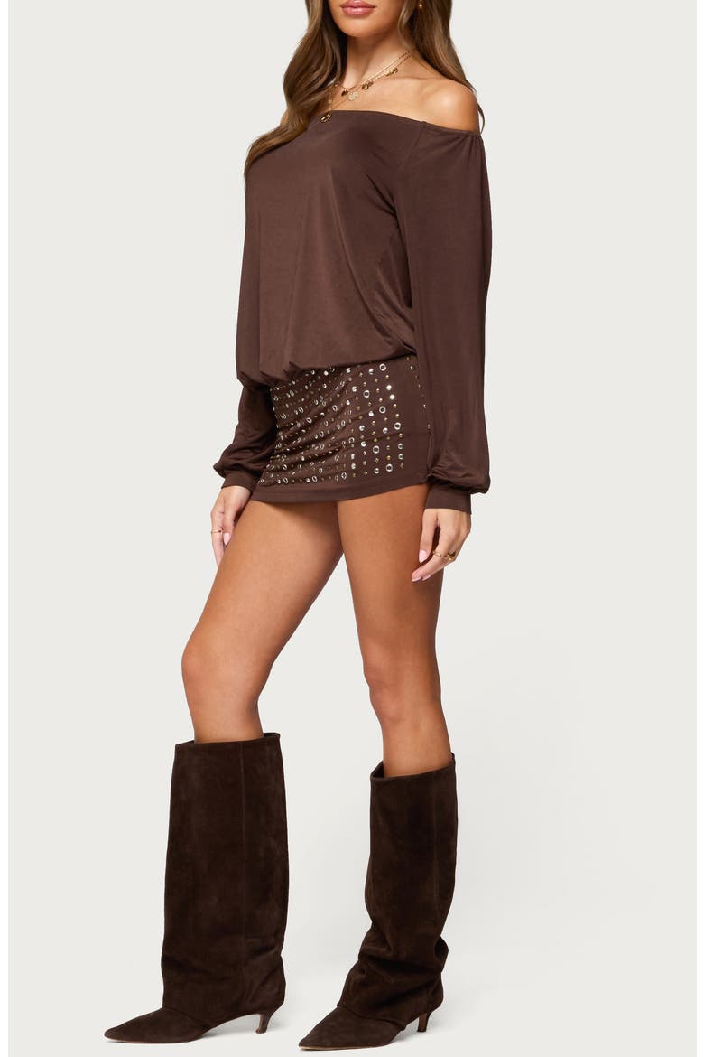 Stud Off the Shoulder Long Sleeve Backless Minidress, Alternate, color, BROWN