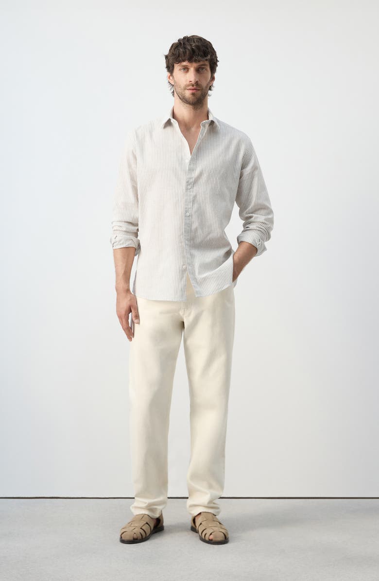 MANGO Regular Fit Stripe Cotton & Linen Button-Up Shirt, Alternate, color, Sand