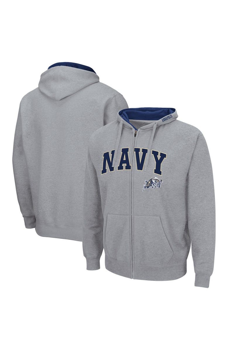 COLOSSEUM Men's Colosseum Heathered Gray Navy Midshipmen Arch & Logo 3.0 Full-Zip Hoodie, Main, color, Heather Gray
