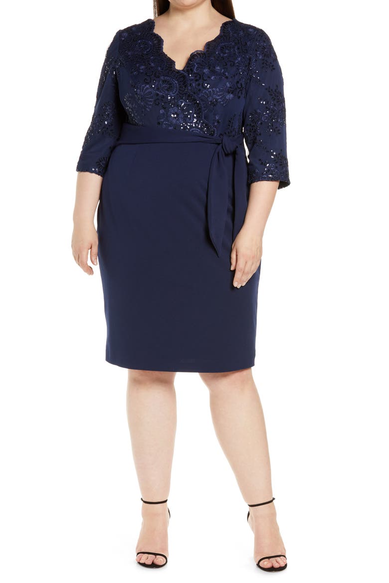 Sequin Lace Bodice Cocktail Dress, Main, color, NAVY