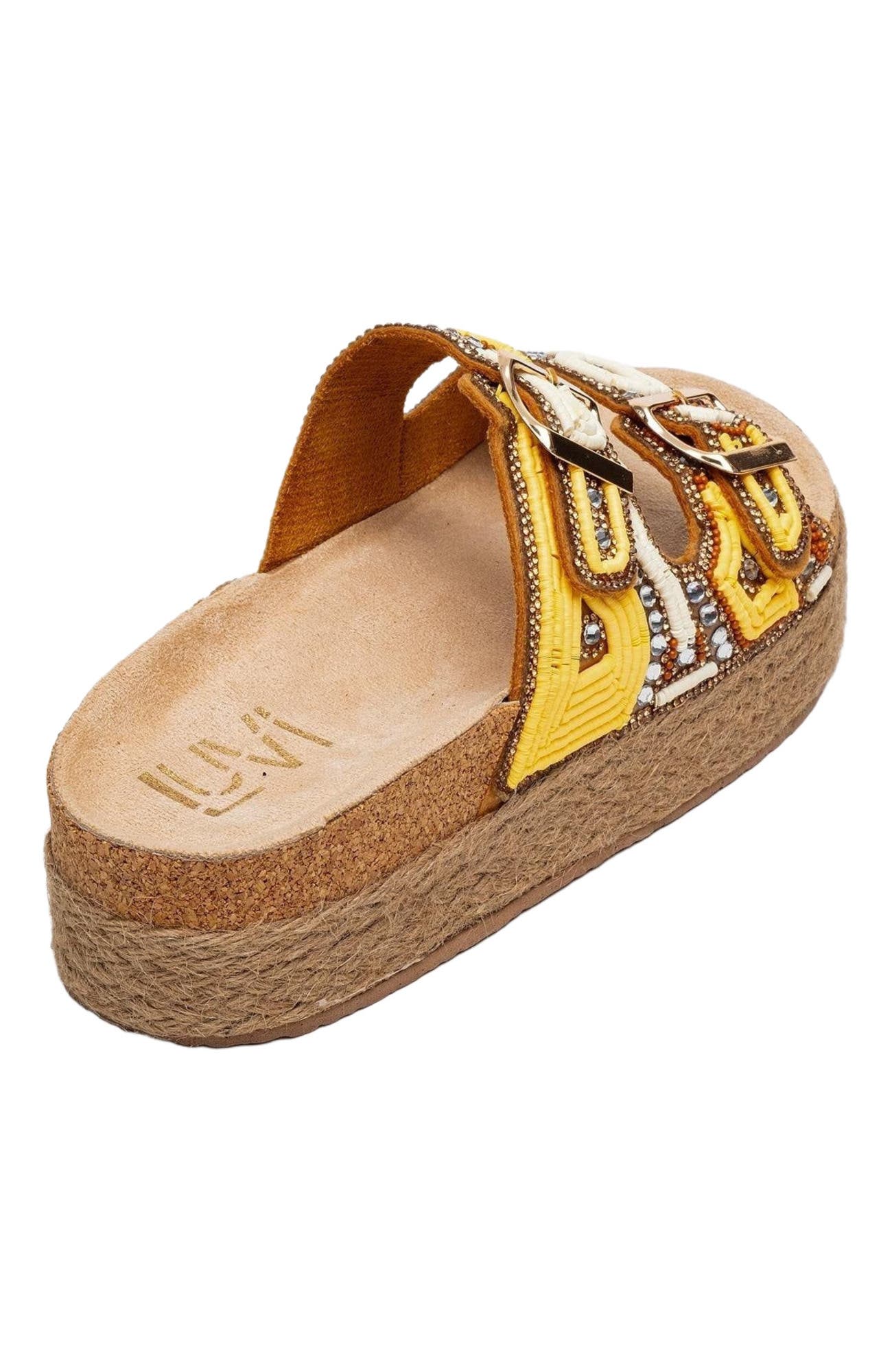 Prologue Shoes Bobby Beaded Straw Platform Slide Sandal, Alternate, color, Yellow Faux Leather