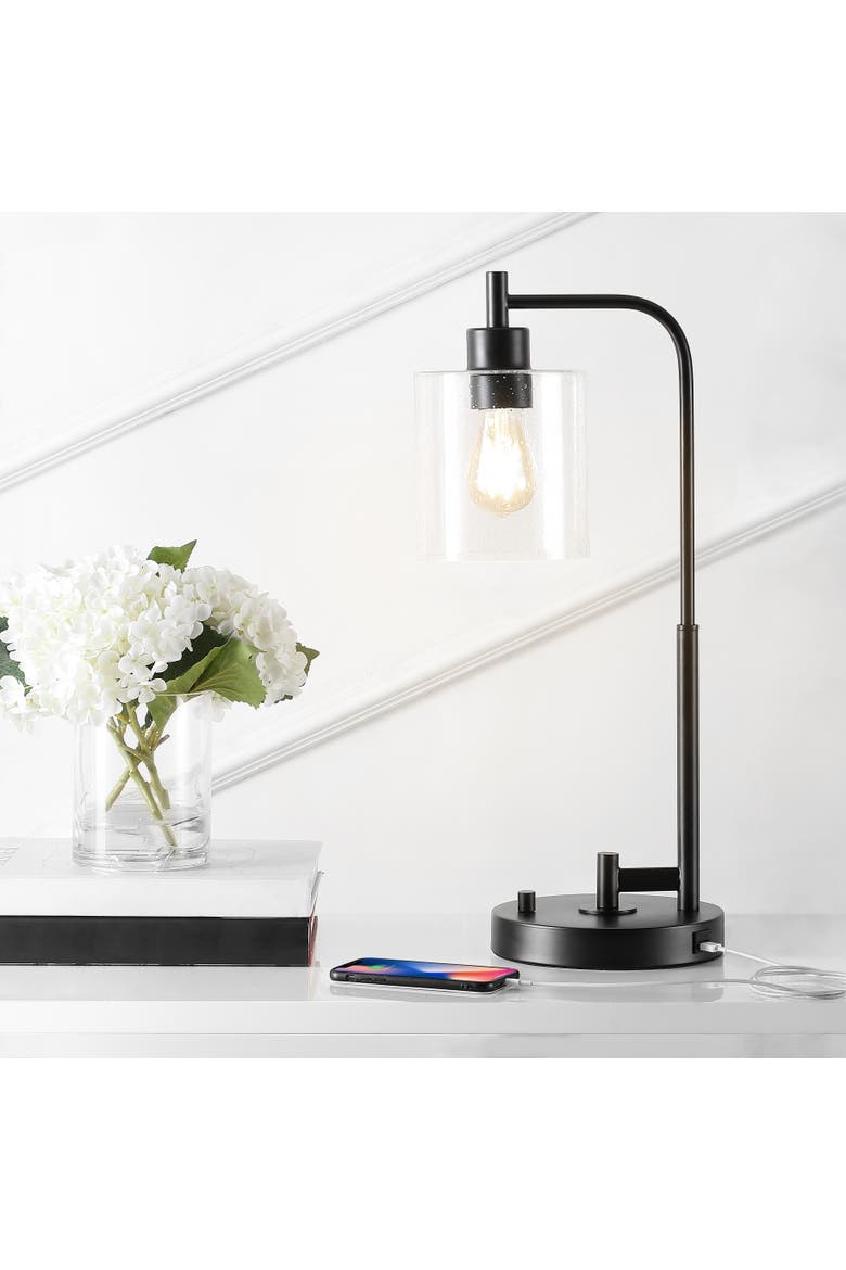 Axel Modern 23" Iron/Seeded Glass Farmhouse Industrial USB Charging LED Task Lamp, Black, Alternate, color, Black