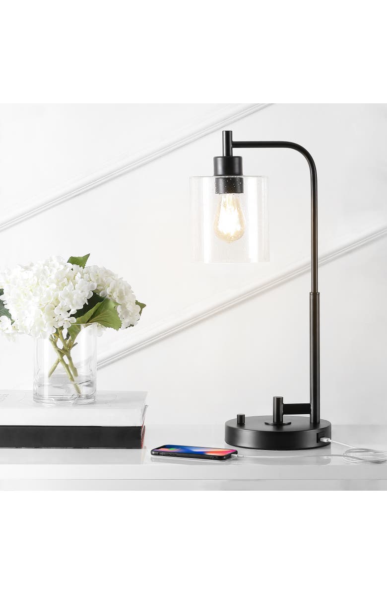JONATHAN Y Axel Modern 23" Iron/Seeded Glass Farmhouse Industrial USB Charging LED Task Lamp, Black, Alternate, color, Black