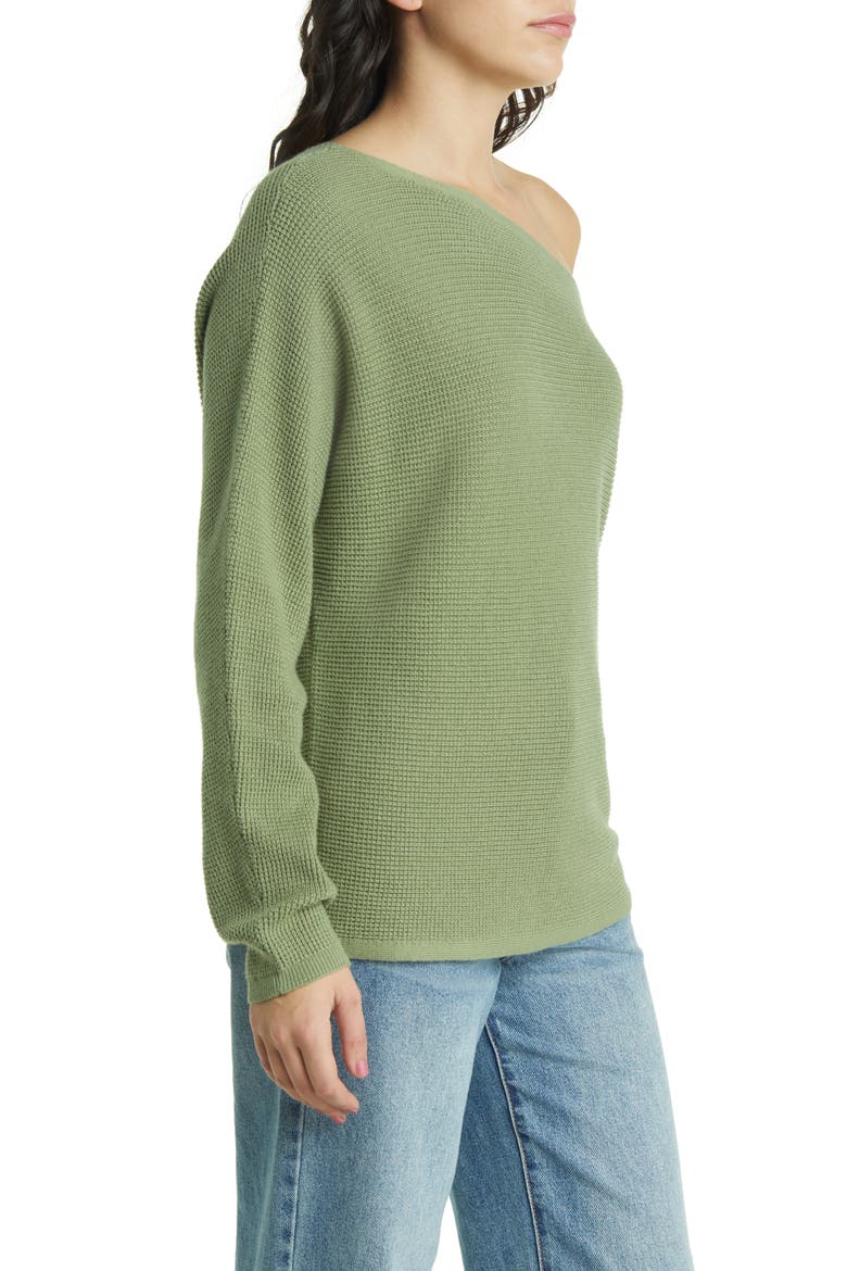 Thermal Knit One-Shoulder Sweater, Alternate, color, OLIVE ACORN