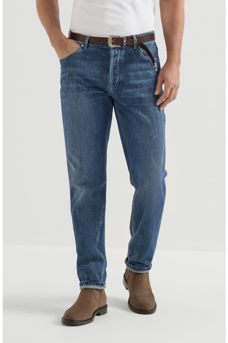 Lightweight denim traditional fit five-pocket trousers, Main, color, Medium Denim