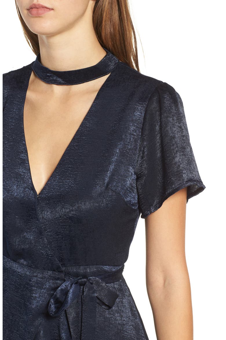 Satin Choker Wrap Dress, Alternate, color, DARK INDIGO