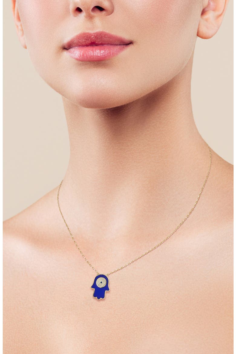 14K Gold Plated Cubic Zirconia Enamel Hamsa Pendant Necklace, Alternate, color, GOLD